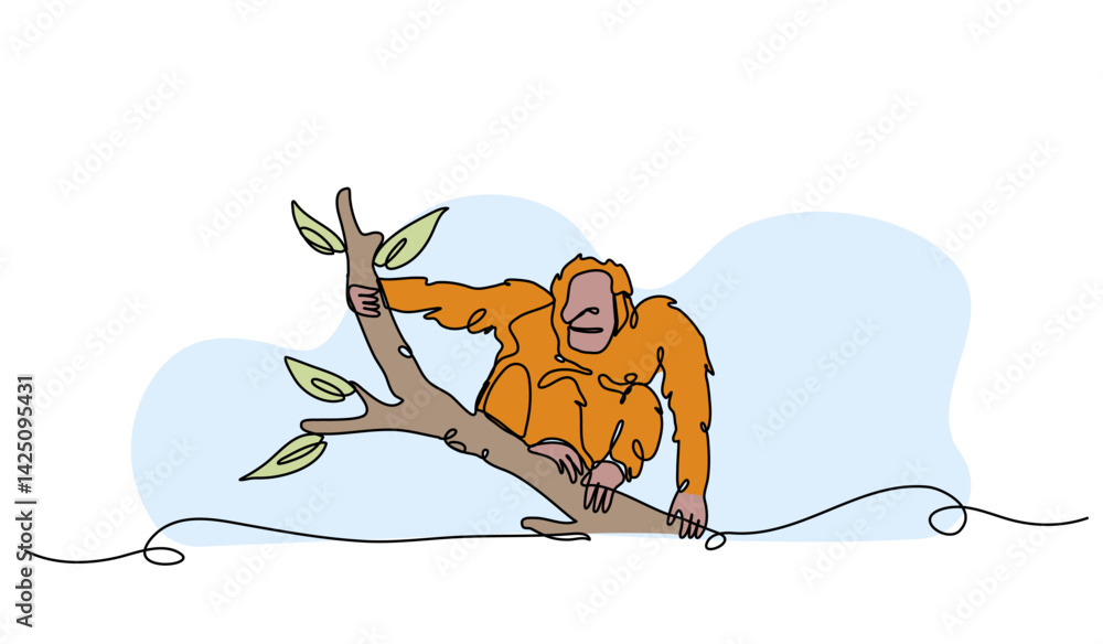 Poster vector illustration of an orangutan on a branch. modern flat in continuous line style.