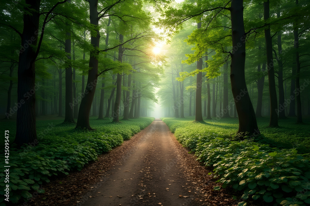 Aufkleber enchanting forest path with sunlit foliage and a serene atmosphere, creating a natural tunnel effect