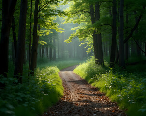 Obraz premium Enchanting Forest Path, A Serene Journey Through Sunlight and Shadow, Offering a Tranquil Escape Into Nature's Embrace, With a Hint of Mystery and Calm