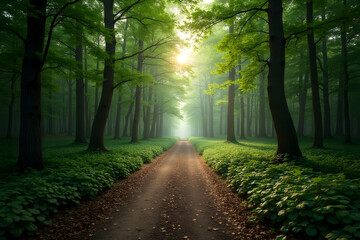 Obraz premium Enchanting forest path with sunlit foliage and a serene atmosphere, creating a natural tunnel effect with ample negative space for creative use and visual harmony