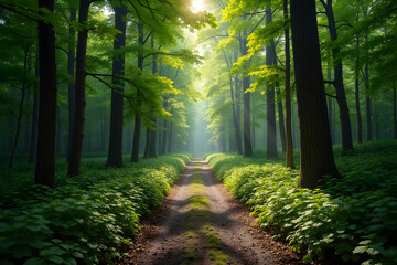 Obraz premium Enchanting Forest Path, A Serene Journey Through Lush Greenery with Sunlit Canopy, Ideal for Nature Enthusiasts and Tranquil Scenic Views, Ethereal Light