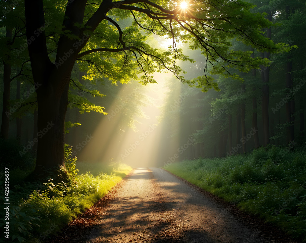 Poster enchanting forest pathway bathed in dappled sunlight, creating a serene and mystical atmosphere with