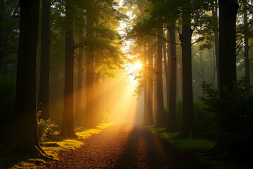 Obraz premium Enchanting forest pathway bathed in the ethereal glow of early morning sunlight, creating a serene and magical atmosphere through the trees, inviting exploration