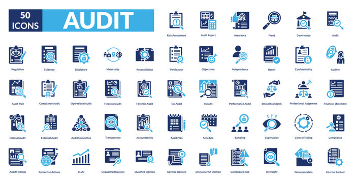 Audit fill icon collection set. Includes review, inspection, compliance, checklist, assessment, verification, examination, scrutiny, oversight, evaluation, certification, analysis, monitoring