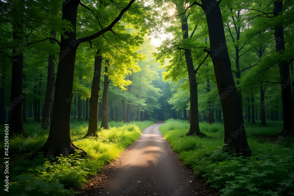 Poster enchanting forest pathway, a tranquil journey through verdant greenery with sun-dappled light filter
