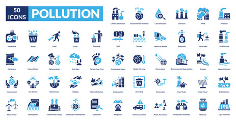 Pollution fill icon collection set. Includes smog, waste, carbon, environment, trash, fumes, industrial, contamination, emissions, toxins, landfill, air, global, deforestation, hazard
