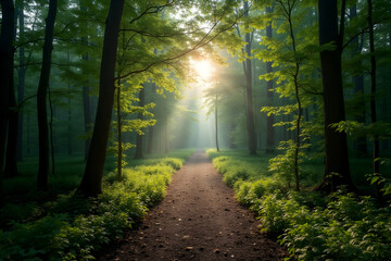 Obraz premium Enchanting Forest Pathway, A Tranquil Journey Through Emerald Green Woods Bathed in Sunlight, Showcasing Nature's Beauty and a Sense of Peaceful Escape