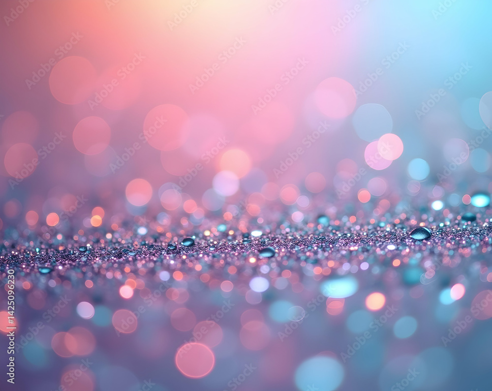 Poster enchanting macro view of shimmering glitter particles with soft gradient hues, ideal for festive bac