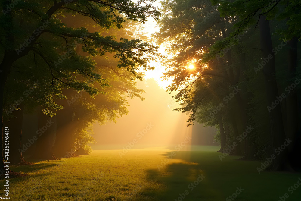 Poster enchanting morning sunlight filtering through lush trees with a serene open space in the center crea