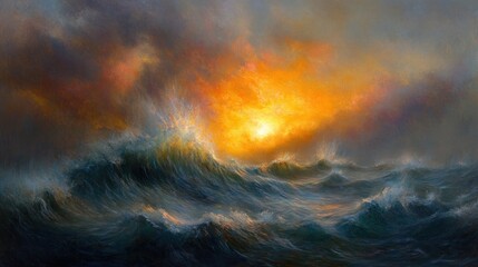 Dramatic ocean sunset amidst turbulent storm clouds.