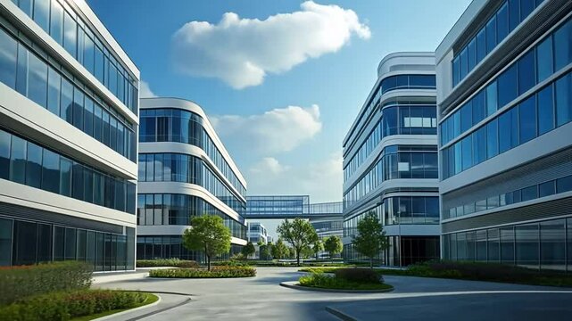 Modern corporate campus, office buildings, and connecting skybridge with innovative design