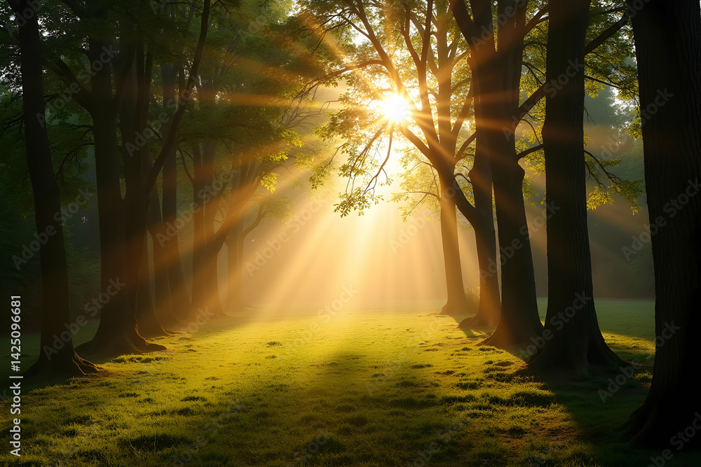 Poster enchanting morning sunlight filters through the trees, illuminating a serene open space, creating a 