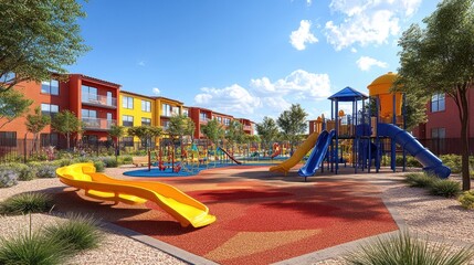 Vibrant Playground Oasis Slides  Climbers Amidst Colorful Buildings