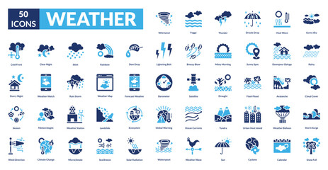 Weather fill icon collection set. Includes sunshine, rain, storm, clouds, snow, temperature, wind, thunder, forecast, humidity, lightning, breeze, weather vane, precipitation, barometer