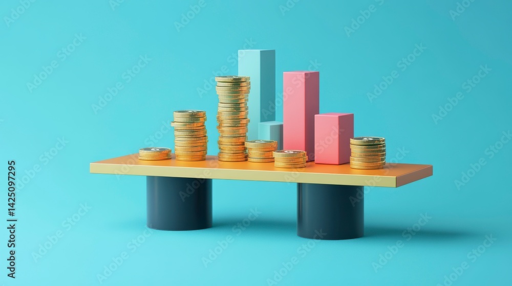 Poster 3d render of gold coins stacks forming bar graph on orange platform, depicting financial growth and 