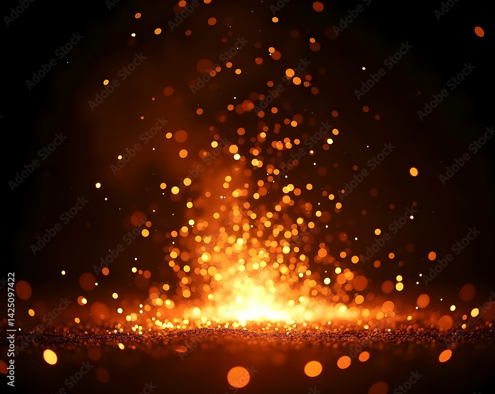Poster enchanting spectacle of fiery sparks overlay with tiny glowing particles gracefully dancing and crea