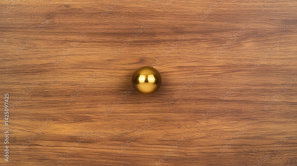 Poster a shiny golden sphere is centered on a textured wooden surface, creating a striking contrast between