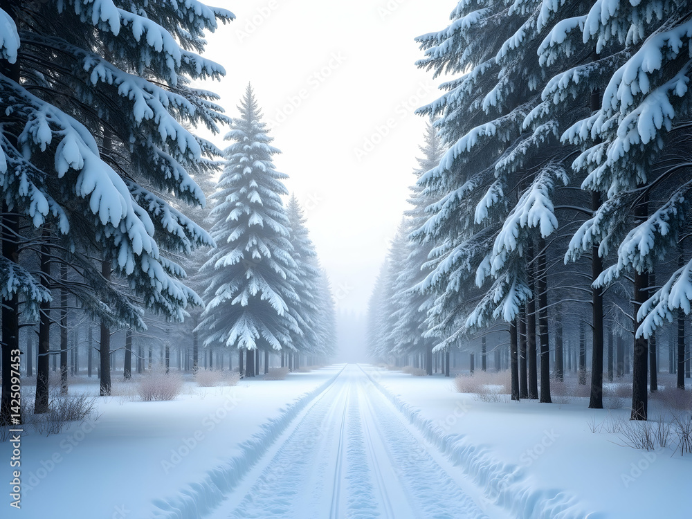 Poster enchanting snowy forest path with a serene open space, creating a peaceful winter wonderland atmosph