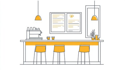 Modern cafe bar, simple line art design, empty interior, menus,  use for marketing materials, stock photo