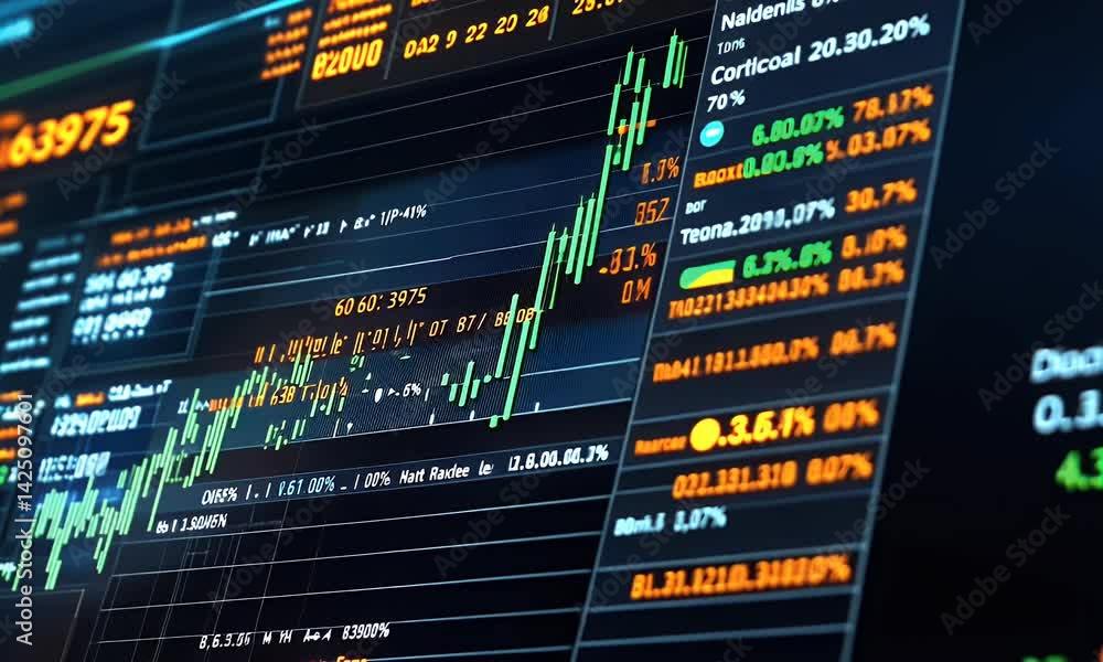 Poster close-up of stock market data on a digital screen, including numbers and graphs showing different fi
