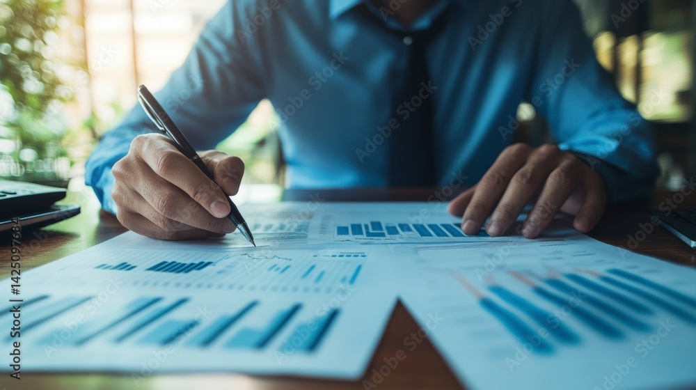 Poster businessman reviewing financial reports, analyzing data charts and graphs with pen.