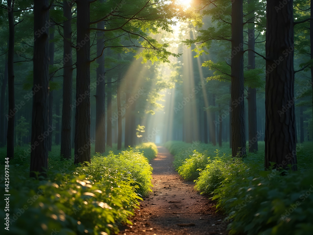 Poster enchanting sunlight filters through a dense forest canopy illuminating a serene path creating a myst