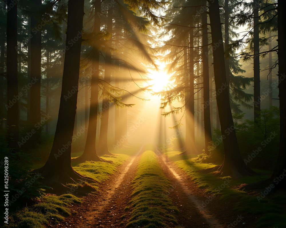 Poster enchanting woodland path bathed in ethereal morning sunlight filtering through the canopy of trees, 