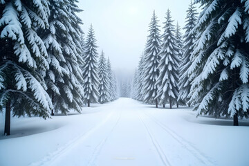 Obraz premium Enchanting Winter Wonderland, A Snowy Forest Path Beckons with Serene Beauty and Tranquil Open Space Offering a Peaceful Escape Into Nature's Embrace