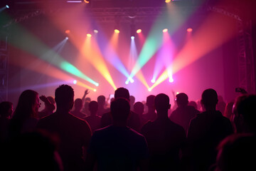 Energetic Crowd Silhouette Enjoys a Live Music Concert with Vibrant Lighting, Capturing the Excitement and Shared Experience of a Night Out
