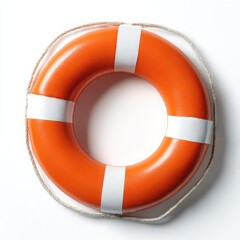 A bright orange life preserver with rope and white stripes visible isolated on white background