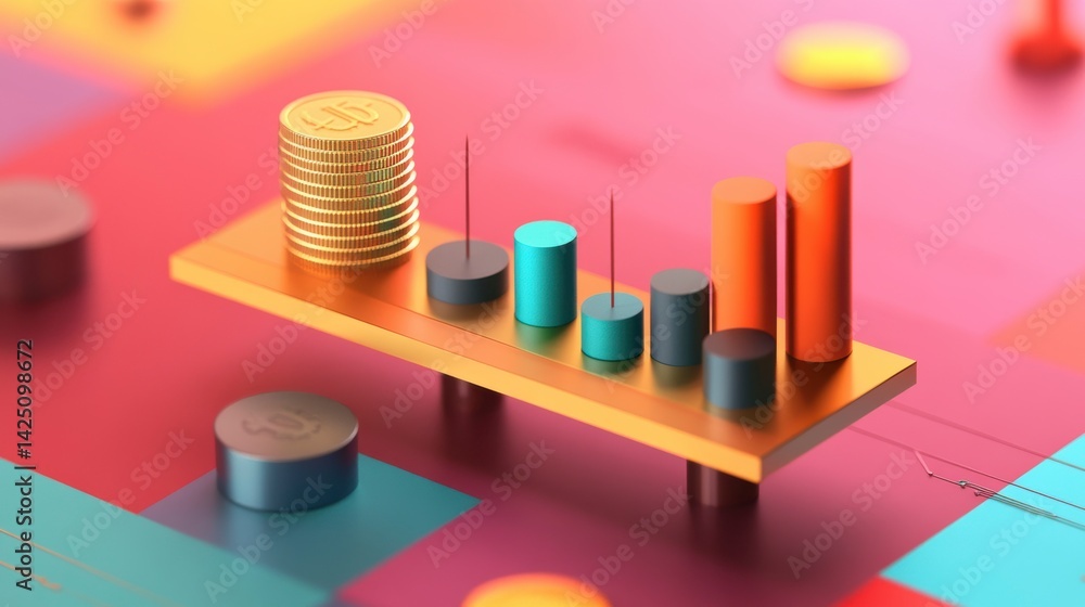 Fototapete Abstract 3D rendering of gold coins and colorful bar graph on a golden platform, representing financial growth and success.