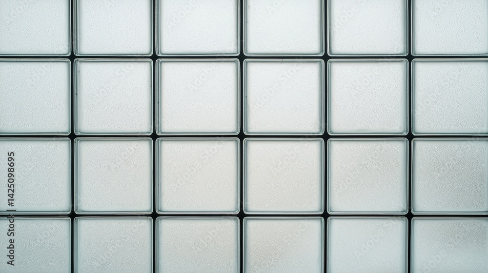 Poster a close-up view of a textured glass block wall, showcasing a grid pattern with frosted surfaces and 