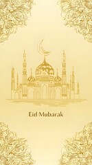 Golden Eid Mubarak Sketch of Mosque with Crescent Moon and Floral Border Design