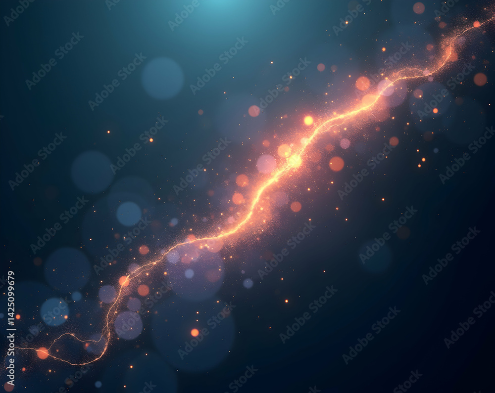 Poster enthralling display of light and energy featuring a shimmering trail of particles weaving across a s