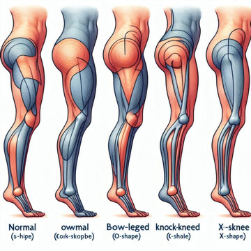 Illustration of five different leg alignments: normal, bow-legged, knock-kneed, and X-knee. Each alignment is shown with anatomical details highlighting muscle and bone structures.
