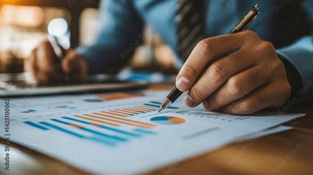Poster Close-up of a businessman analyzing financial data using charts and graphs.