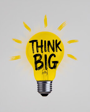 Illuminated lightbulb with THINK BIG text radiating bright yellow light against a light grey background.