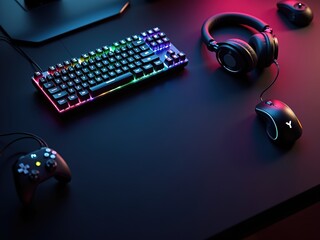 Flatlay of gaming gear on a black matte desk: RGB keyboard, gaming mouse, headset with glowing lights, scattered controller buttons, all surrounding a clean dark central copy space. Realistic lighting