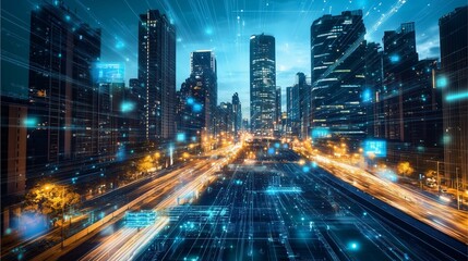 City's Futuristic Network: A dynamic visualization of an urban landscape, where infrastructure and architecture are interwoven with a digital network, showcasing the city's technological heart.