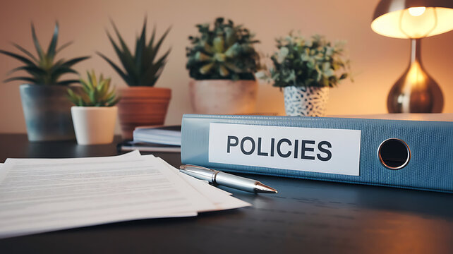 Policies binder sits on a desk with plants a lamp papers and a pen suggesting organization and attention to detail.