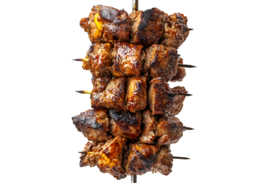 Delicious grilled meat skewers rotating on a spit savory BBQ feast