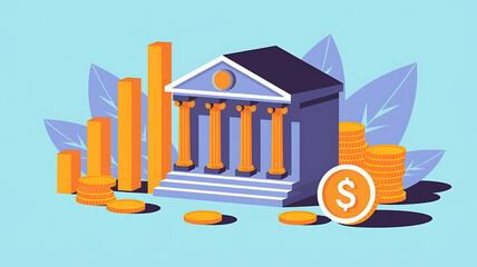 Obraz premium Stylized illustration of a bank building with coins bar graph and foliage showcasing financial growth.