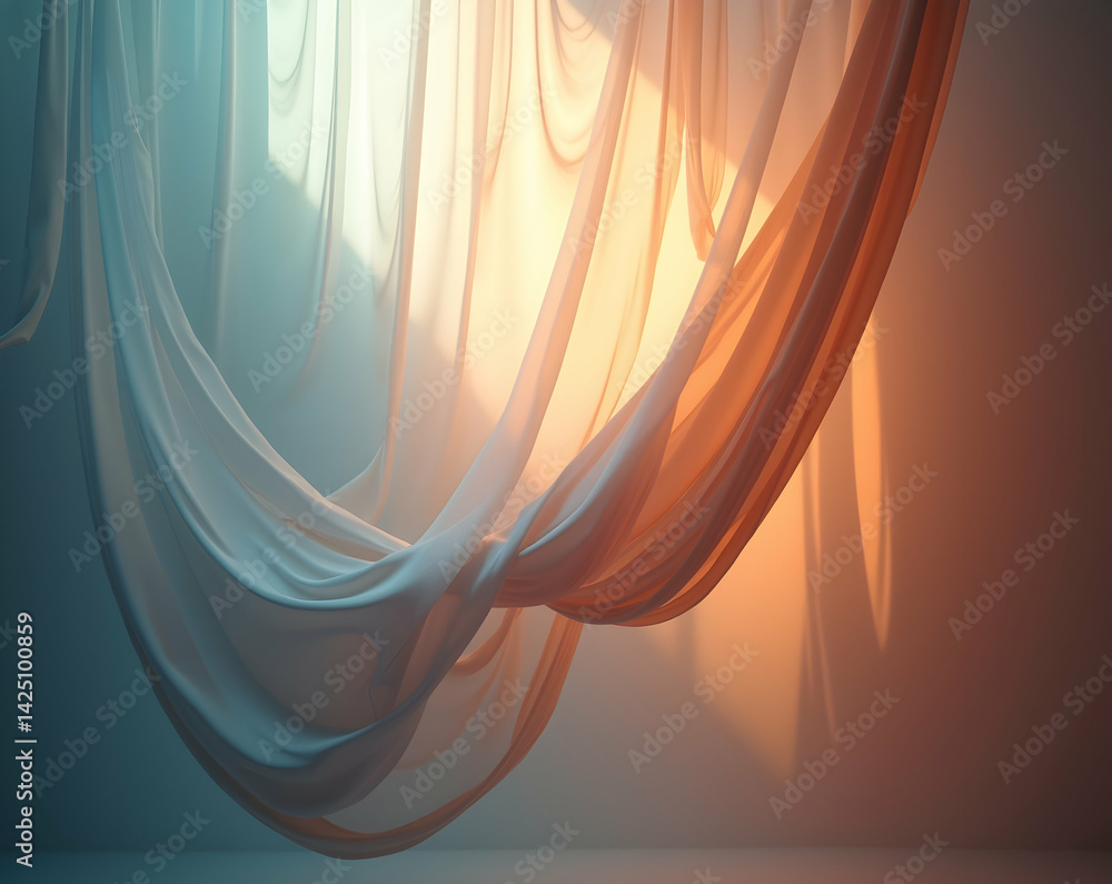 Poster ethereal fabric art with light and shadow interplay, creating a soft and dreamy atmosphere for backg