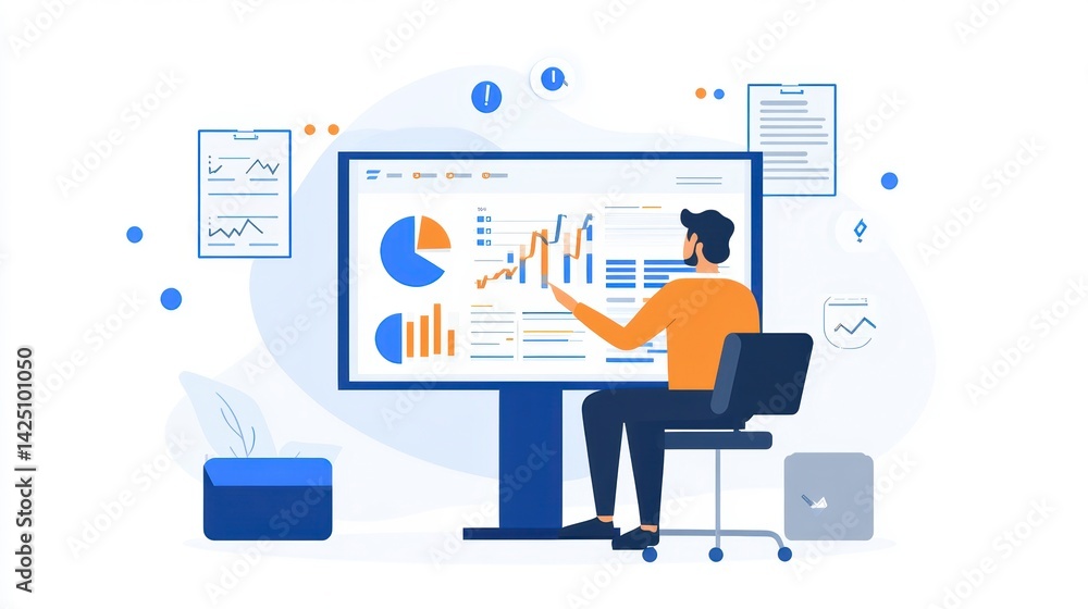 Aufkleber Man analyzing data on a large screen displaying charts and graphs.
