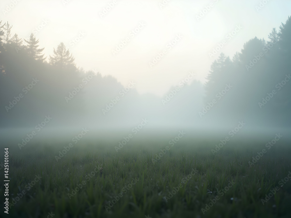 Poster ethereal ground fog landscape, a captivating macro shot with soft gradients illuminating a tranquil 