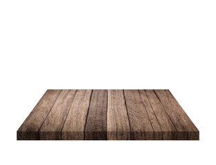 Empty brown old wooden shelf isolated on white background. can be used for displaying or editing products.