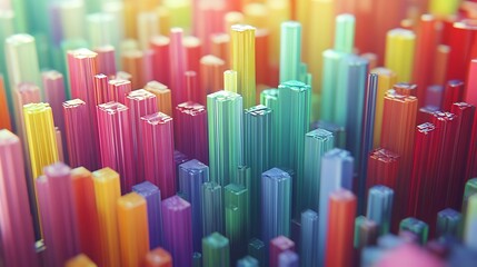 A vibrant, abstract landscape of colorful vertical bars resembling a cityscape.