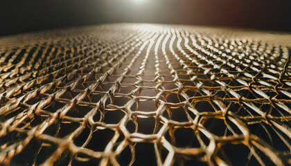 Fototapeta premium Close up of metal grid net texture, metallic abstract background backdrop with glowing light and shadows