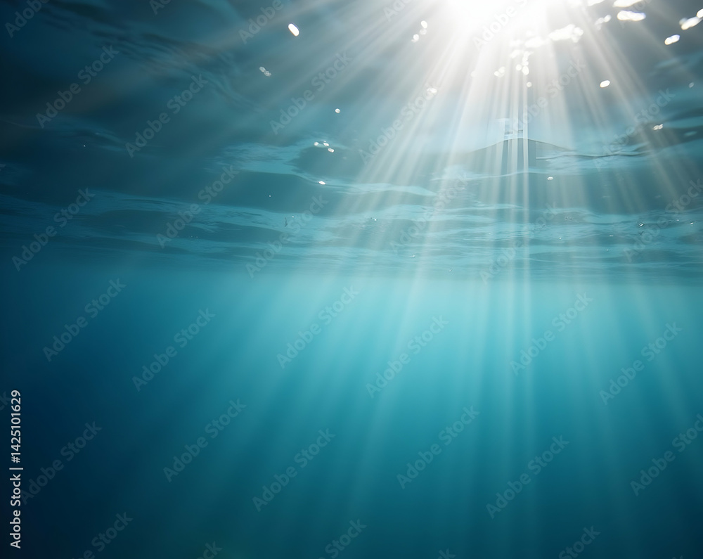 Poster ethereal underwater light beams, a mesmerizing macro shot of sunlight filtering through water with s