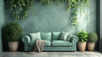 A tranquil living space with greenery and a comfortable sofa
